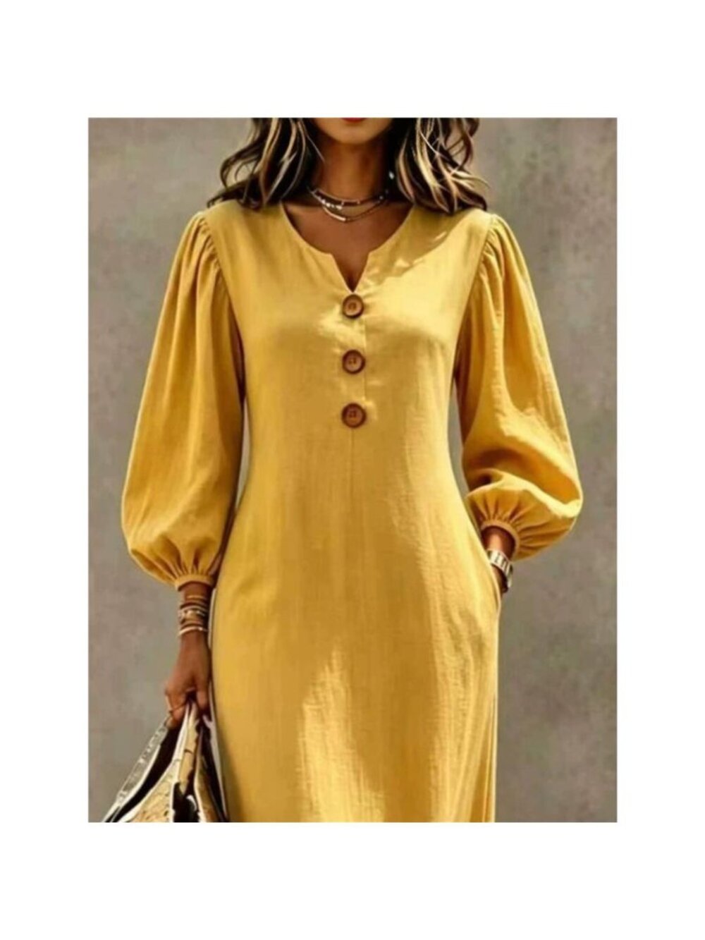 Decorative Button Balloon Sleeve Maxi Dress